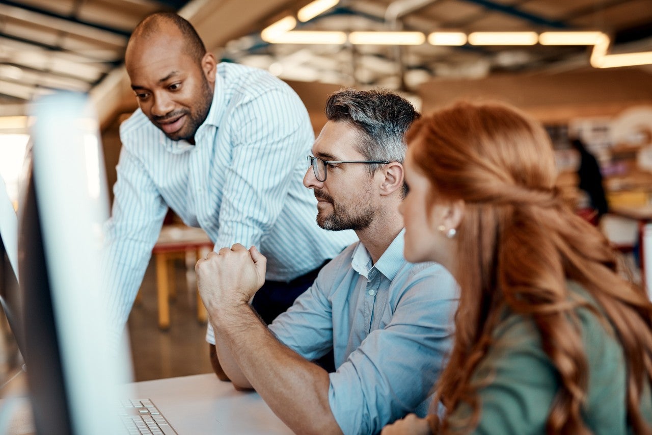 Business people, computer and coach in team collaboration for id