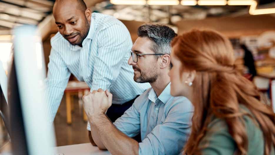 Business people, computer and coach in team collaboration for id